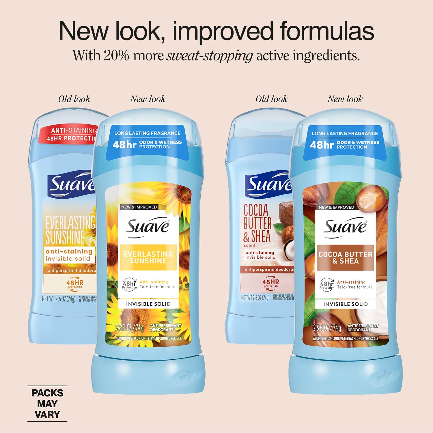 Suave women's variety-pack display showing four-pack packaging.