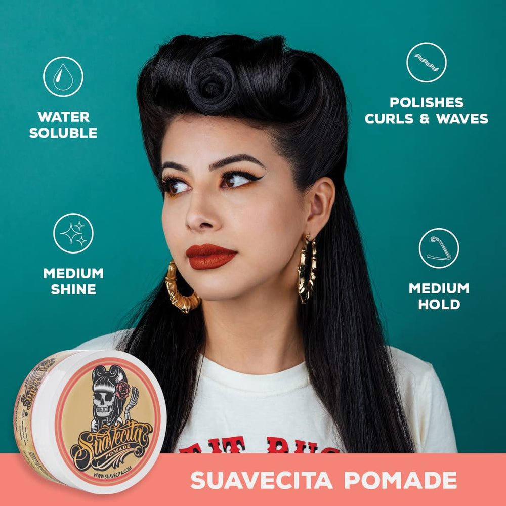 Suavecita pomade for women packaging shot highlighting travel-friendly can.