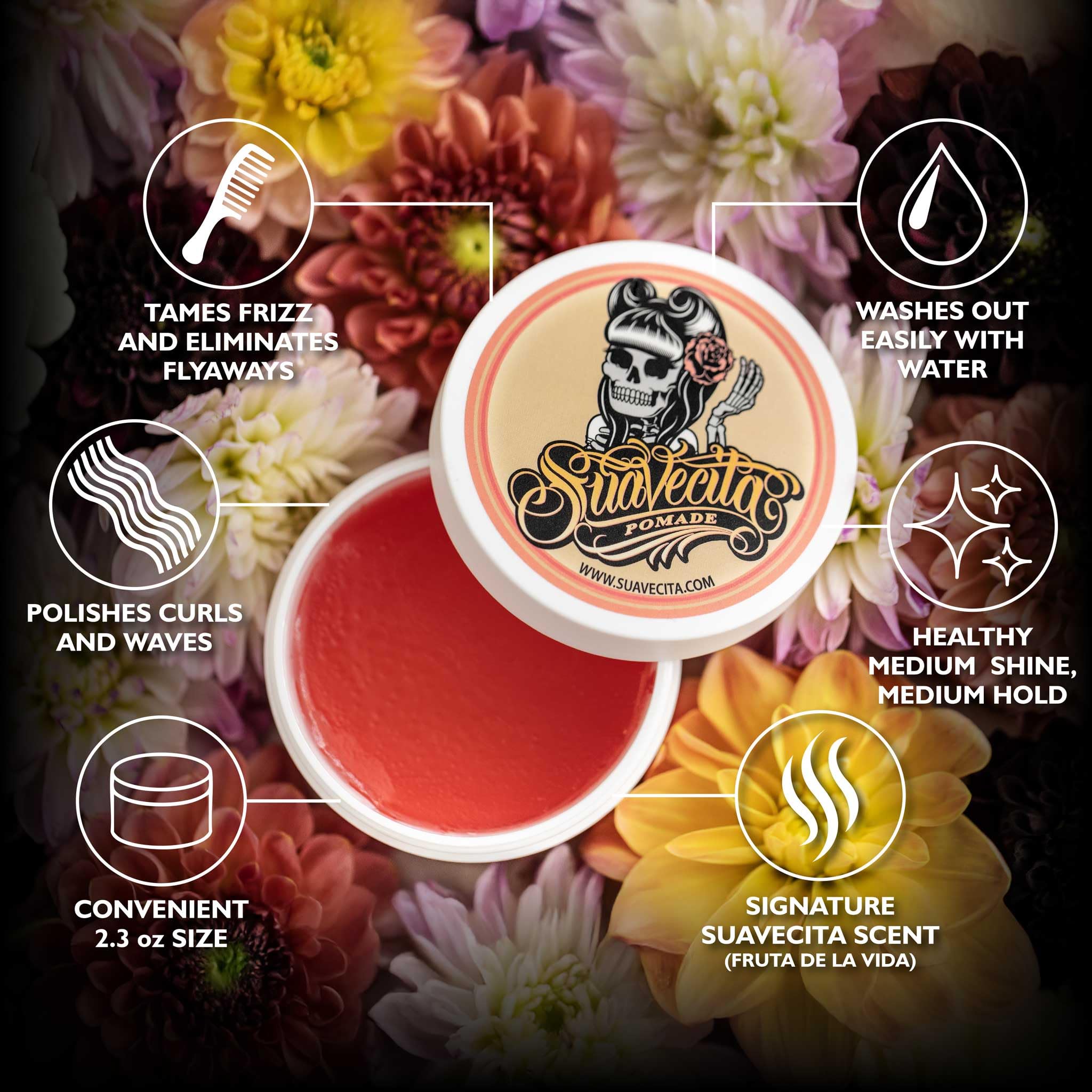 Suavecita pomade for women wash-out feature close-up indicating easy removal.
