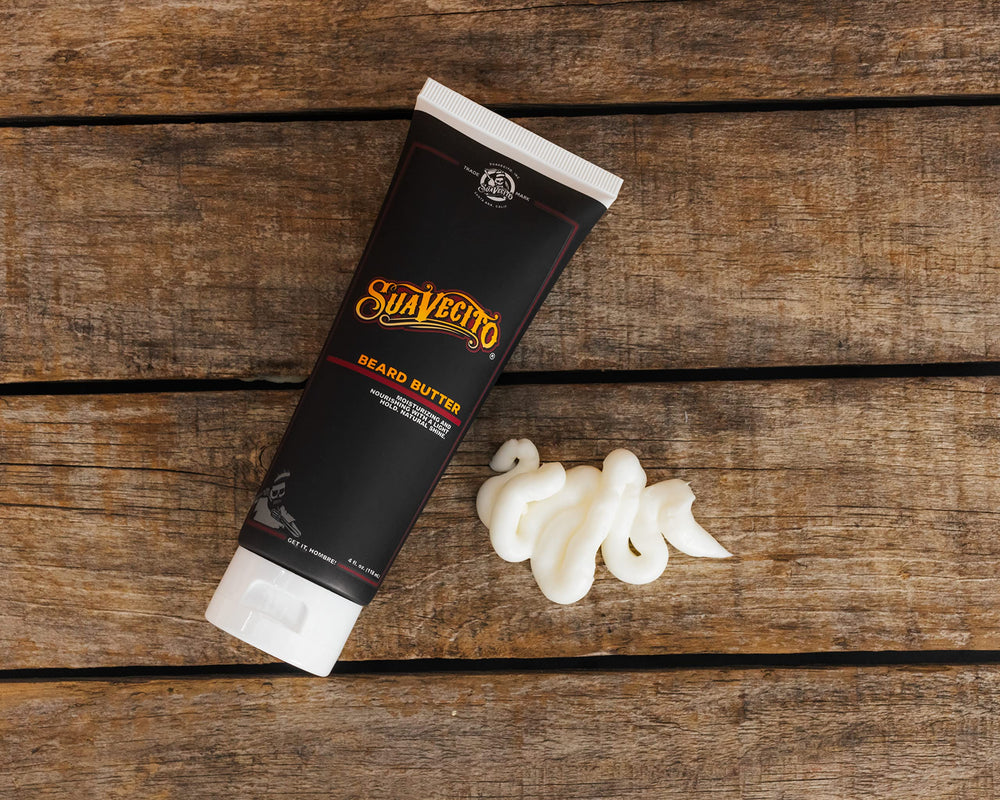 Suavecito Beard Butter 4oz packaging shown on shelf