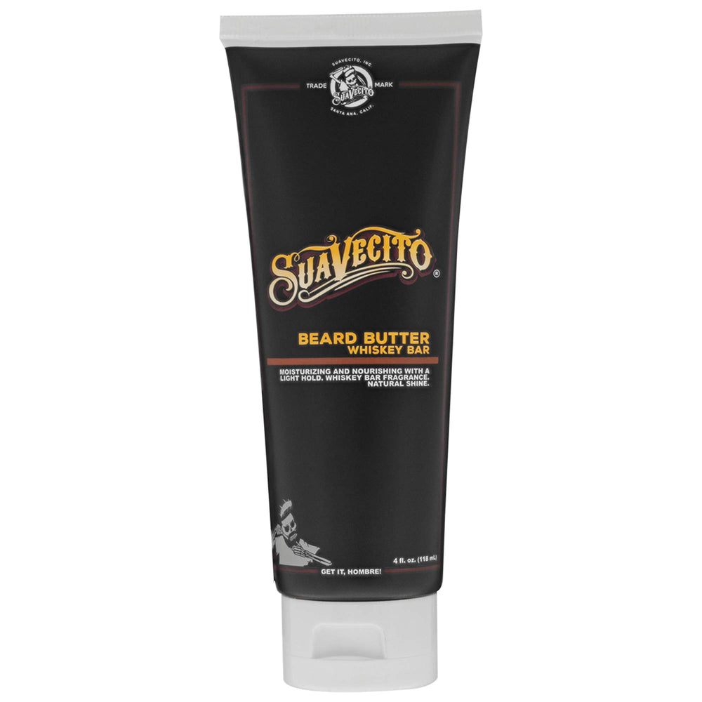 Suavecito Beard Butter Whiskey Bar jar close-up showing nourishing cream texture for hydration