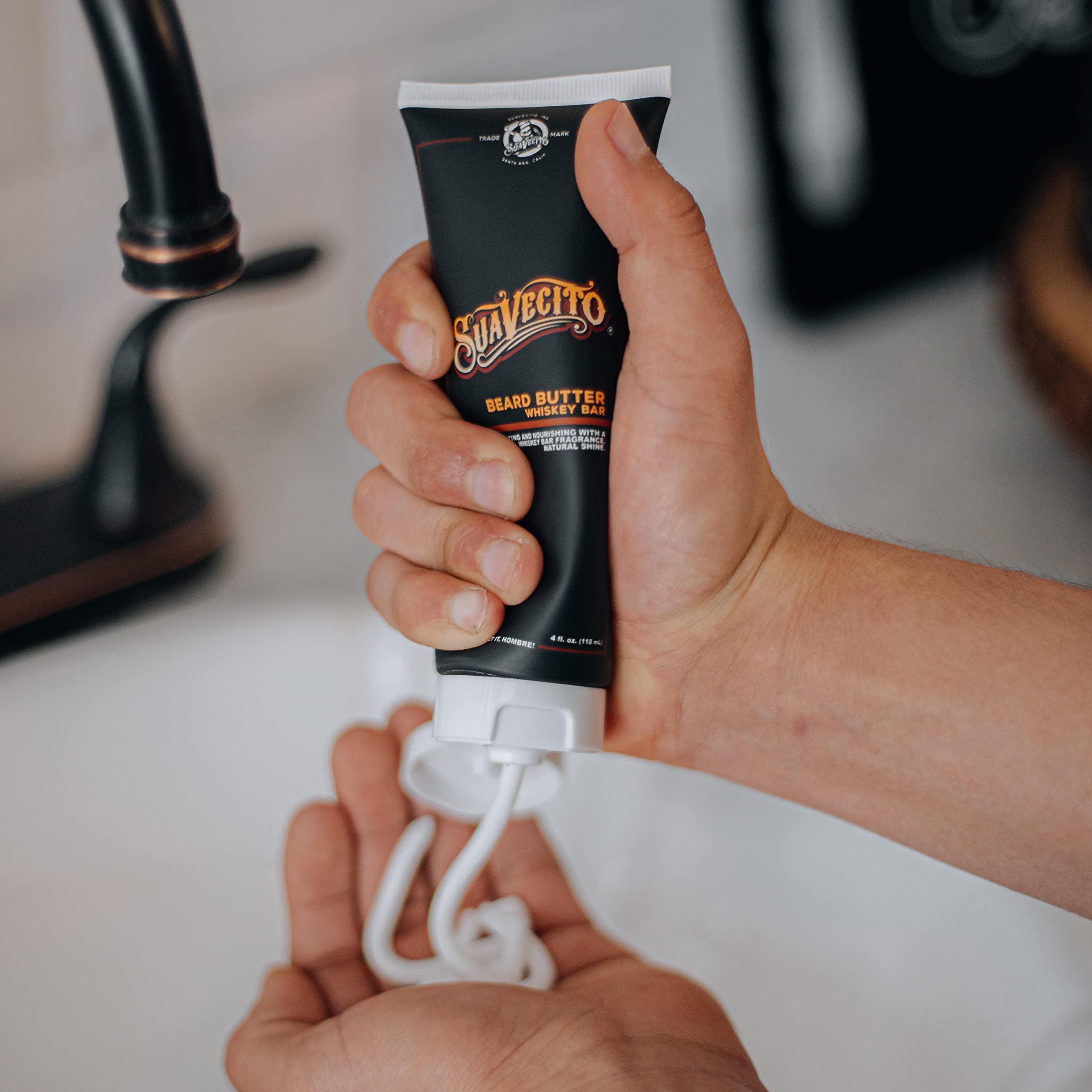 Suavecito Beard Butter Whiskey Bar product on beard yielding natural shine