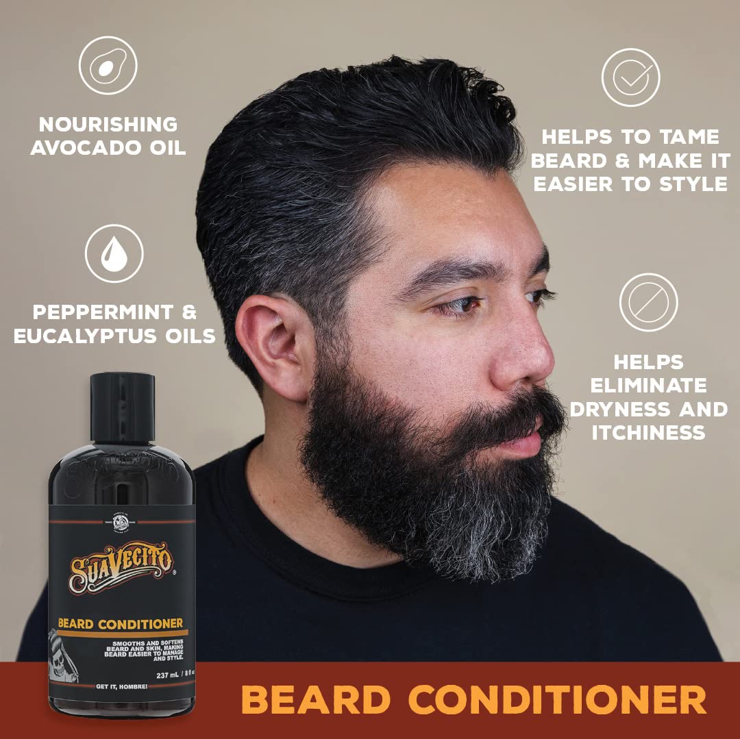 Suavecito Beard Conditioner packaging highlights nourishing shea butter and oil.