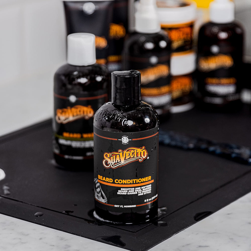 Suavecito Beard Conditioner box top suggests premium daily grooming.