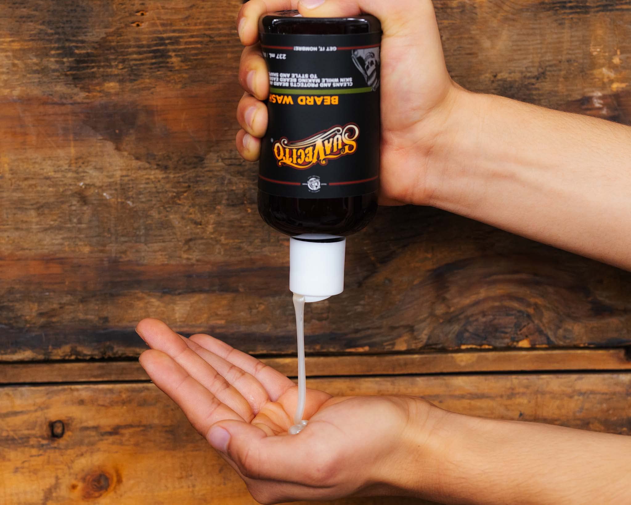 Suavecito Beard Wash applied to face showing thorough cleanse and conditioning.