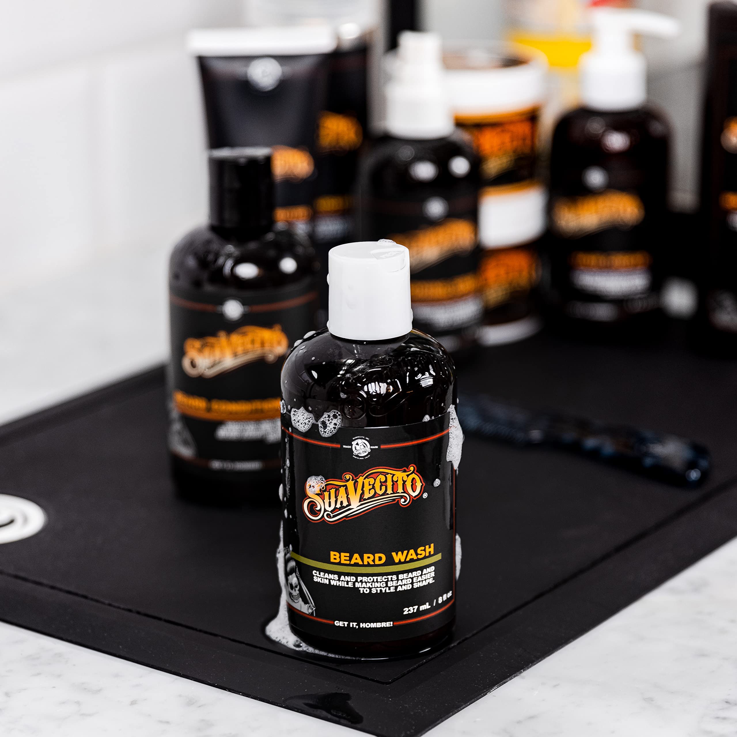 Suavecito Beard Wash packaging shown as a premium grooming staple.