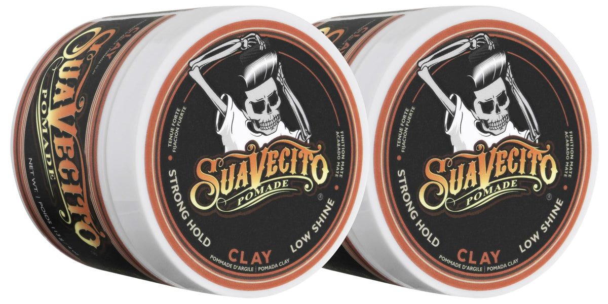 The Suavecito Firme Clay 2-pack front view highlights matte finish and strong hold for versatile styles.