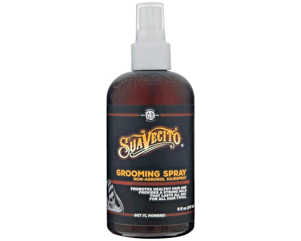 Suavecito grooming non-aerosol hairspray bottle offering strong hold and classic barber scent.