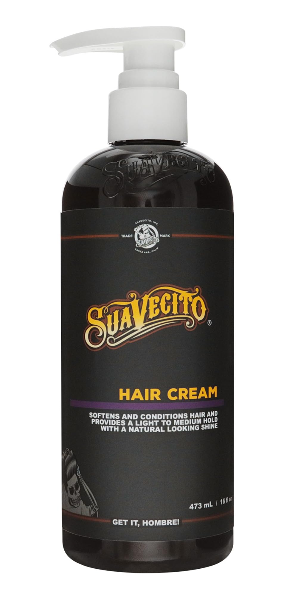Suavecito Hair Cream pump bottle front, natural shine and soft feel.