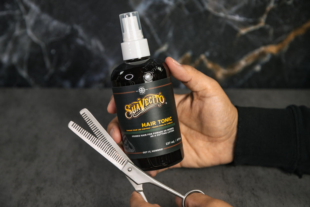 Suavecito Hair Tonic bottle ready for easy, even application