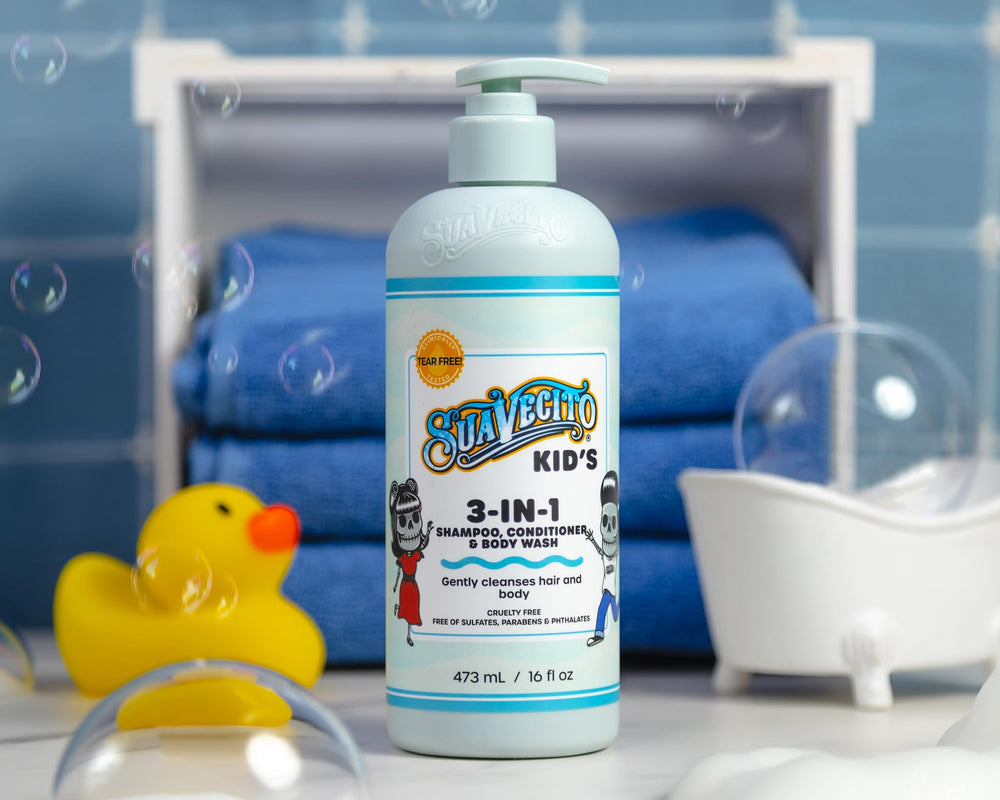 Suavecito Kid's 3-in-1 bottle and pump setup ideal for daily rituals.