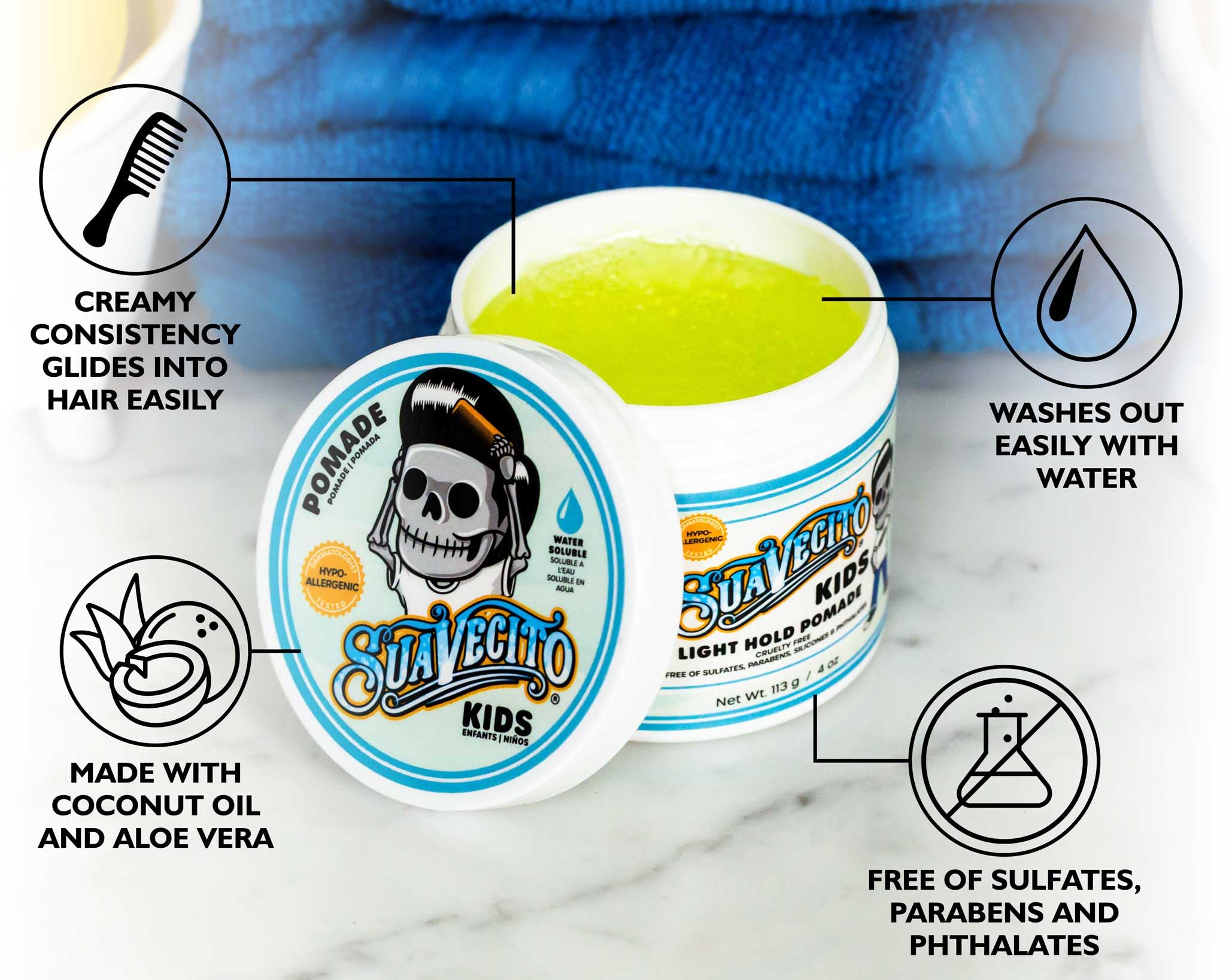Suavecito Kids Pomade Calming Chamomile Applying Hair depicts simple, mess-free use.