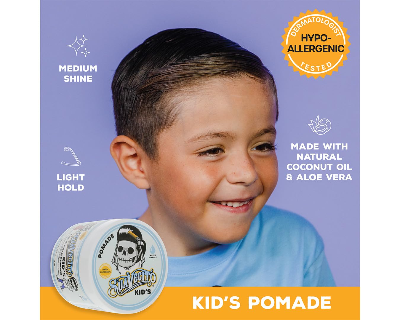 Suavecito Kids Pomade Calming Chamomile Flake-Free Formula image highlights clean, comfortable hold.
