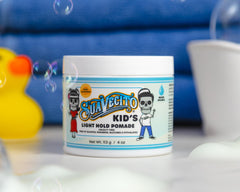 Suavecito Kids Pomade Calming Chamomile Label Closeup shows chamomile scent and kid-safe ingredients.