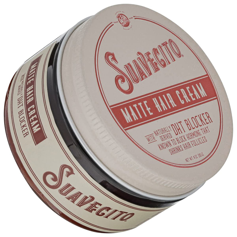Suavecito Matte Hair Cream bottle shows low-shine, light hold for daily styling.