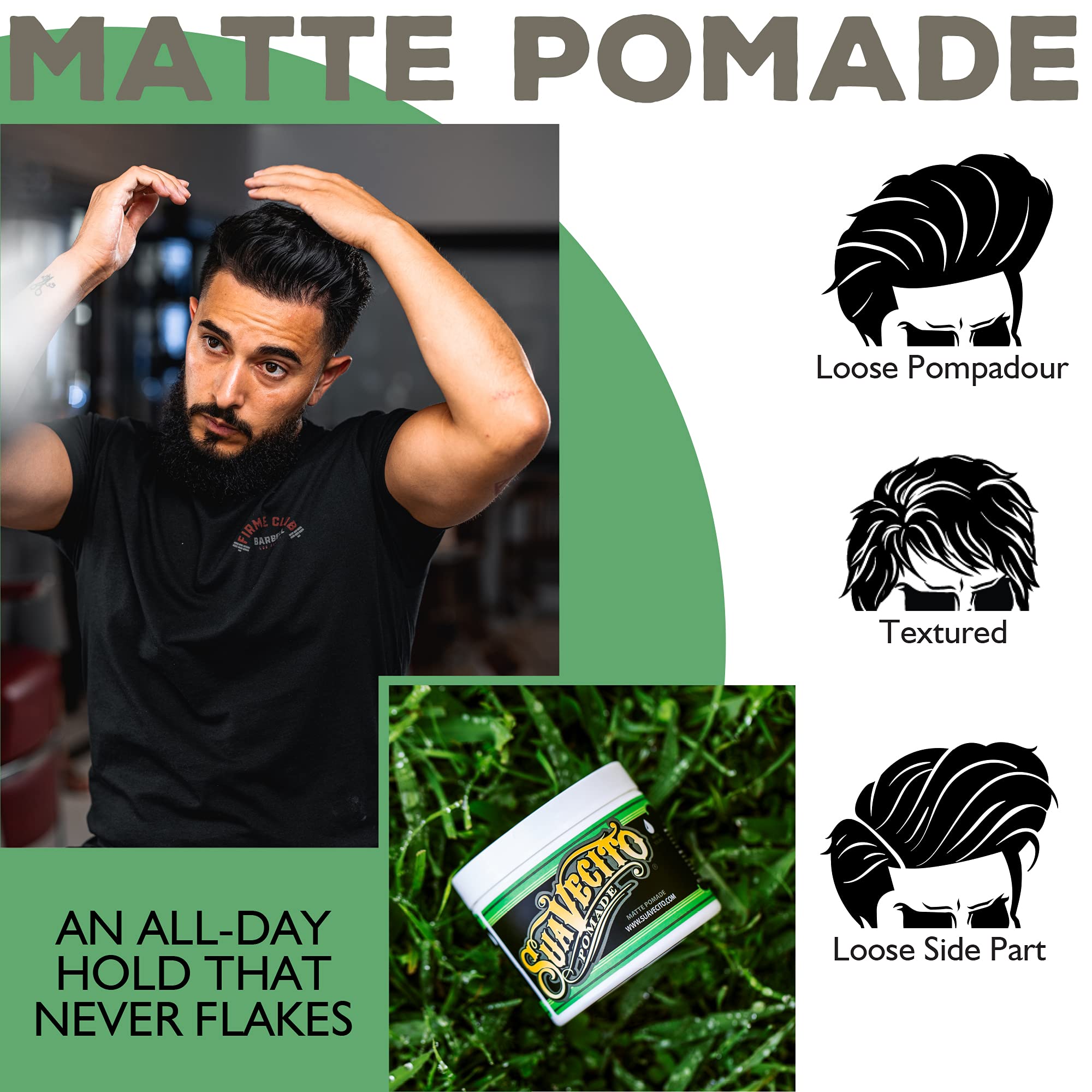 Suavecito Matte Pomade close-up hair texture highlights flexible hold without shine