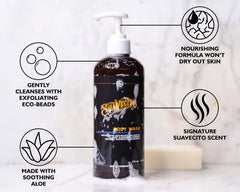 Rinsing water washes away suds after using Suavecito body wash