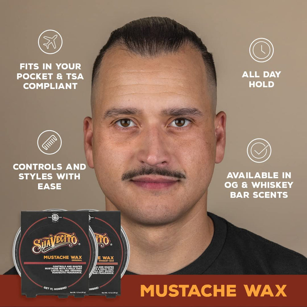 Brand packaging of Suavecito Whiskey Bar Mustache Wax highlighting masculine scent.