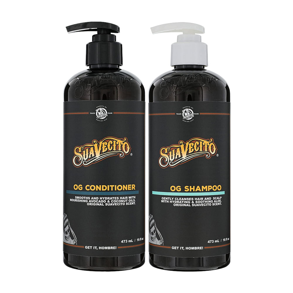 Suavecito OG Shampoo pump bottle; sulfate-free cleansing for all hair types with Provitamin B5.