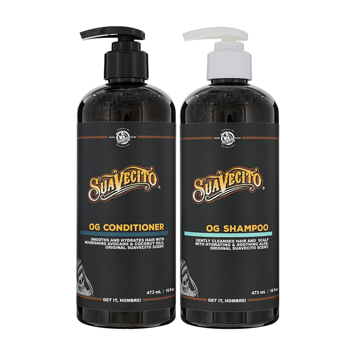 Suavecito OG Shampoo pump bottle; sulfate-free cleansing for all hair types with Provitamin B5.