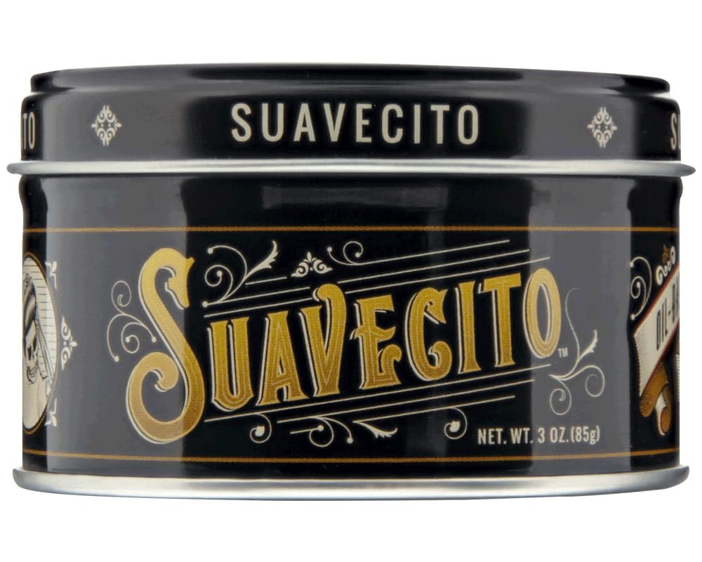 Suavecito Oil Based Pomade jar closeup showing glossy hold for classic slickbacks.