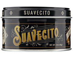 Suavecito Oil Based Pomade jar closeup showing glossy hold for classic slickbacks.