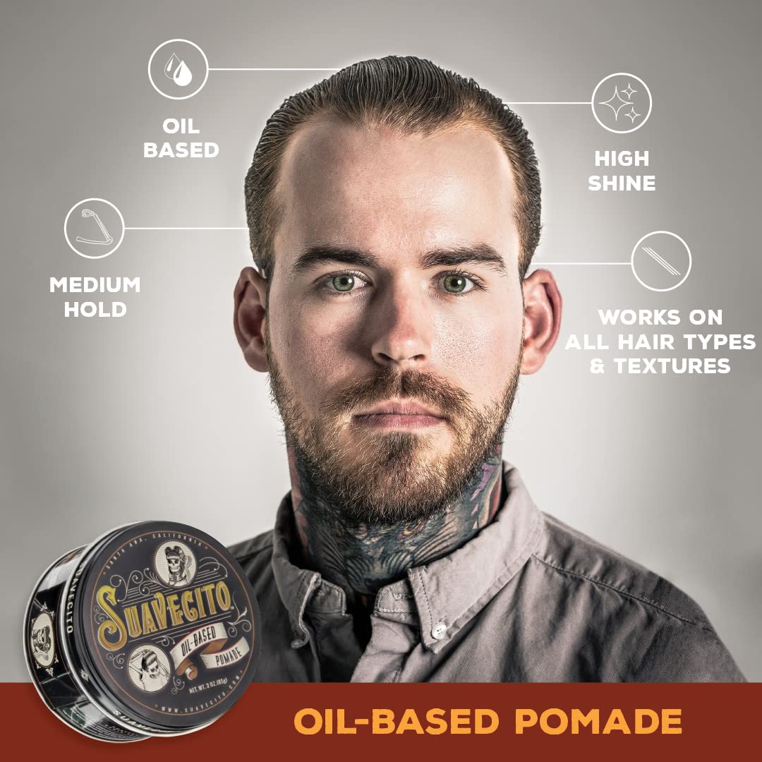 Suavecito Oil Based Pomade label detail emphasizes wax and petroleum jelly formula.