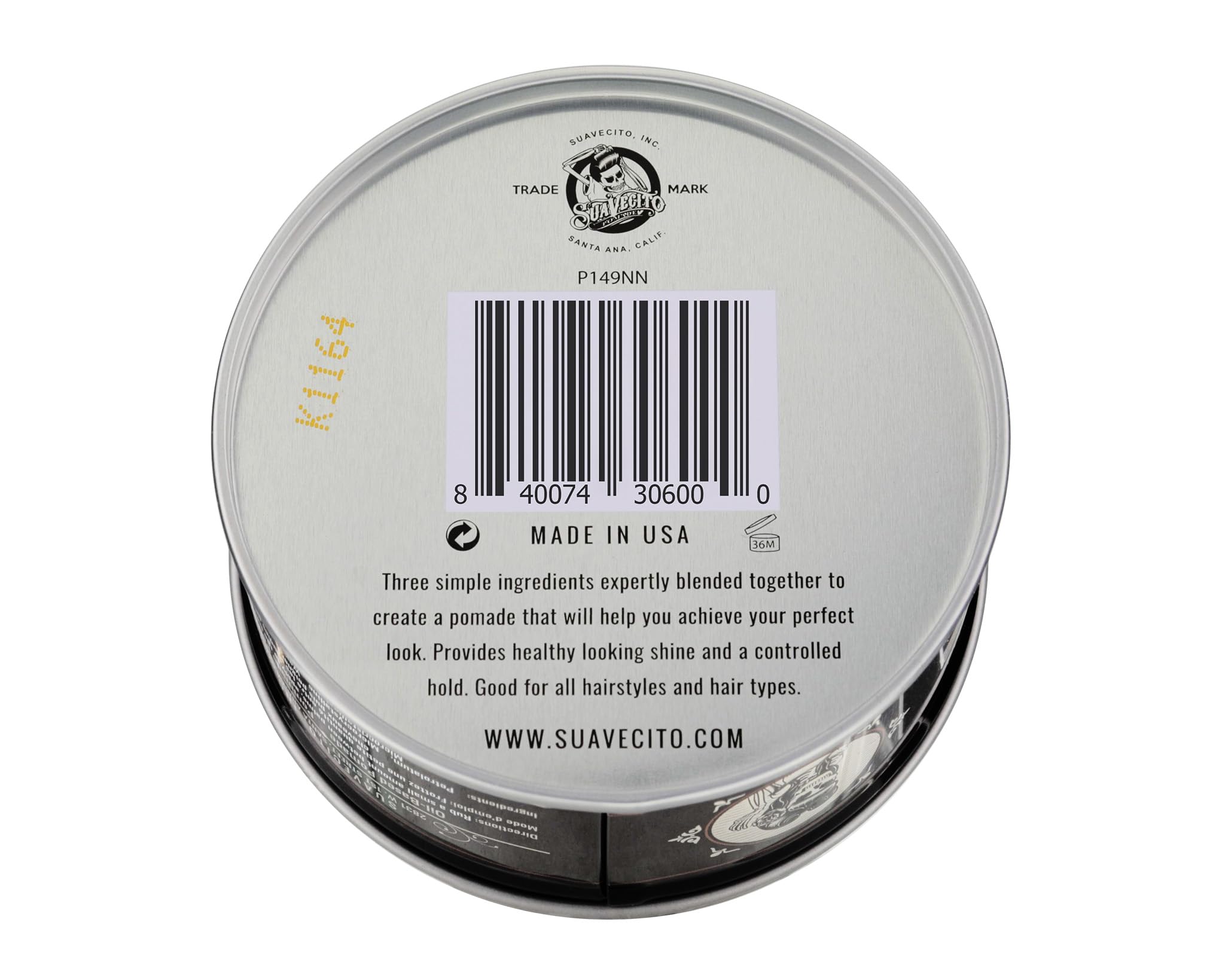 Suavecito Oil Based Pomade packaging back view showcases durable, travel-friendly tin.