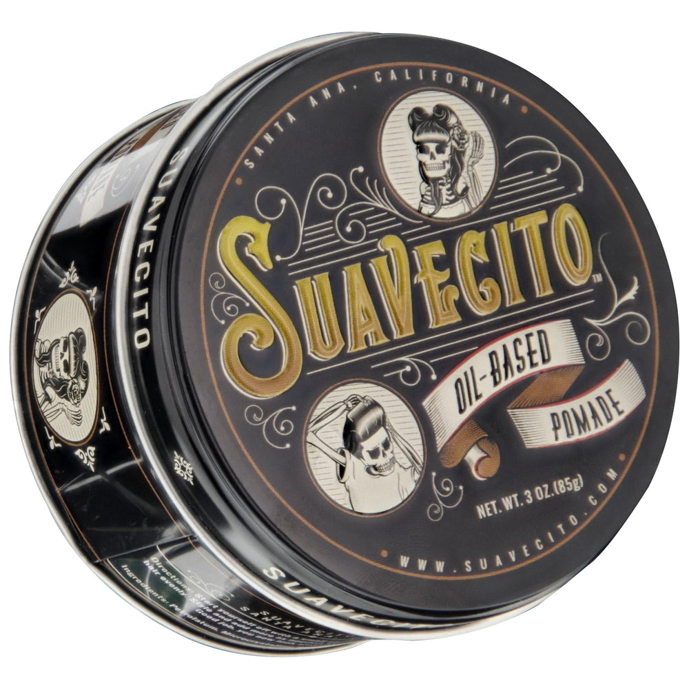 Suavecito Oil Based Pomade pompadour look offering flexible control and glossy finish.