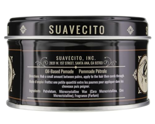 Suavecito Oil Based Pomade tin front view highlights medium-high shine for versatile styles.