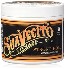 Suavecito Pomade Firme bottle closeup shows strong hold for sleek styles.