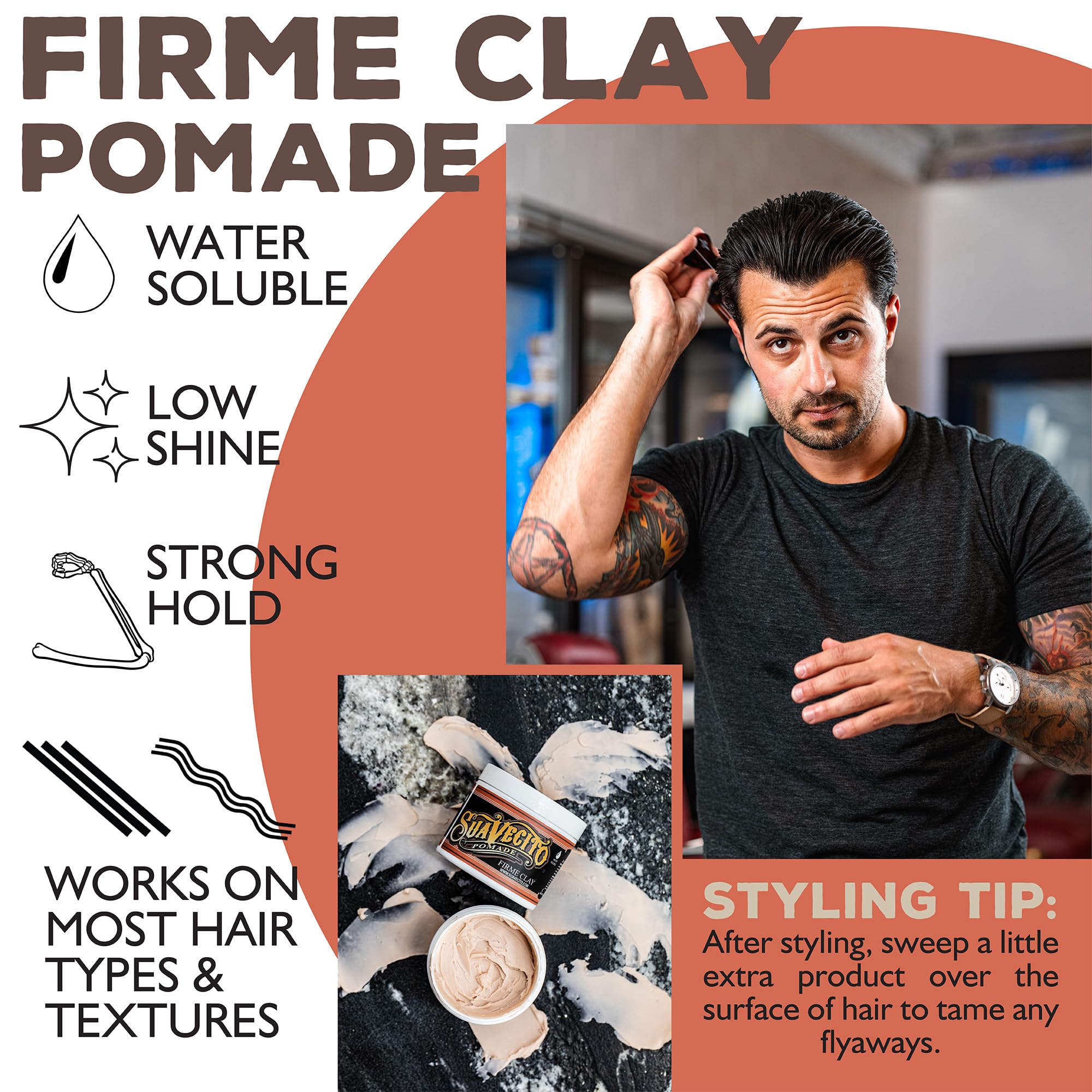Suavecito Pomade Firme Clay brushed back style showing matte finish and natural look