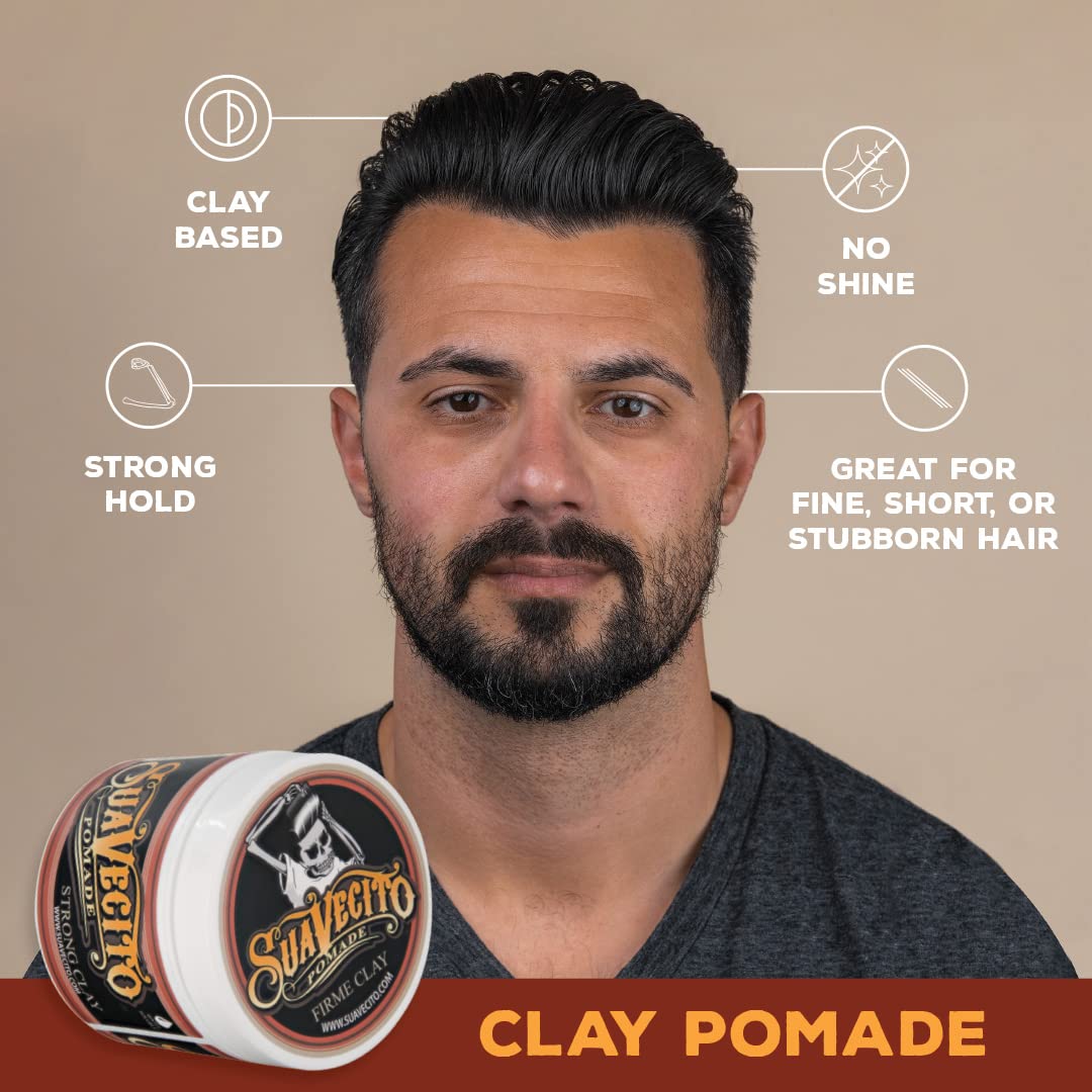 Suavecito Pomade Firme Clay no-shine matte finish on hair.