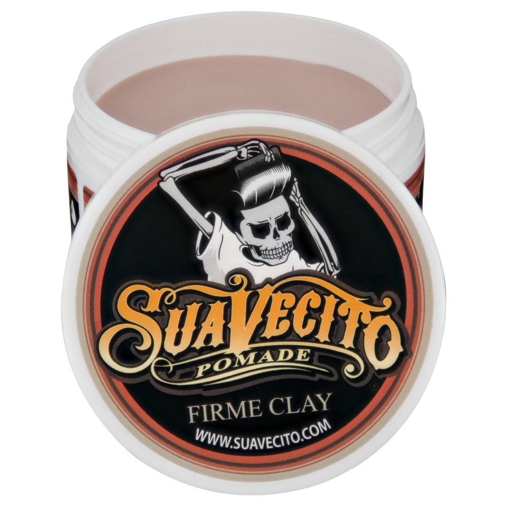 Suavecito Pomade Firme Clay packaging on display highlights 5 oz size.