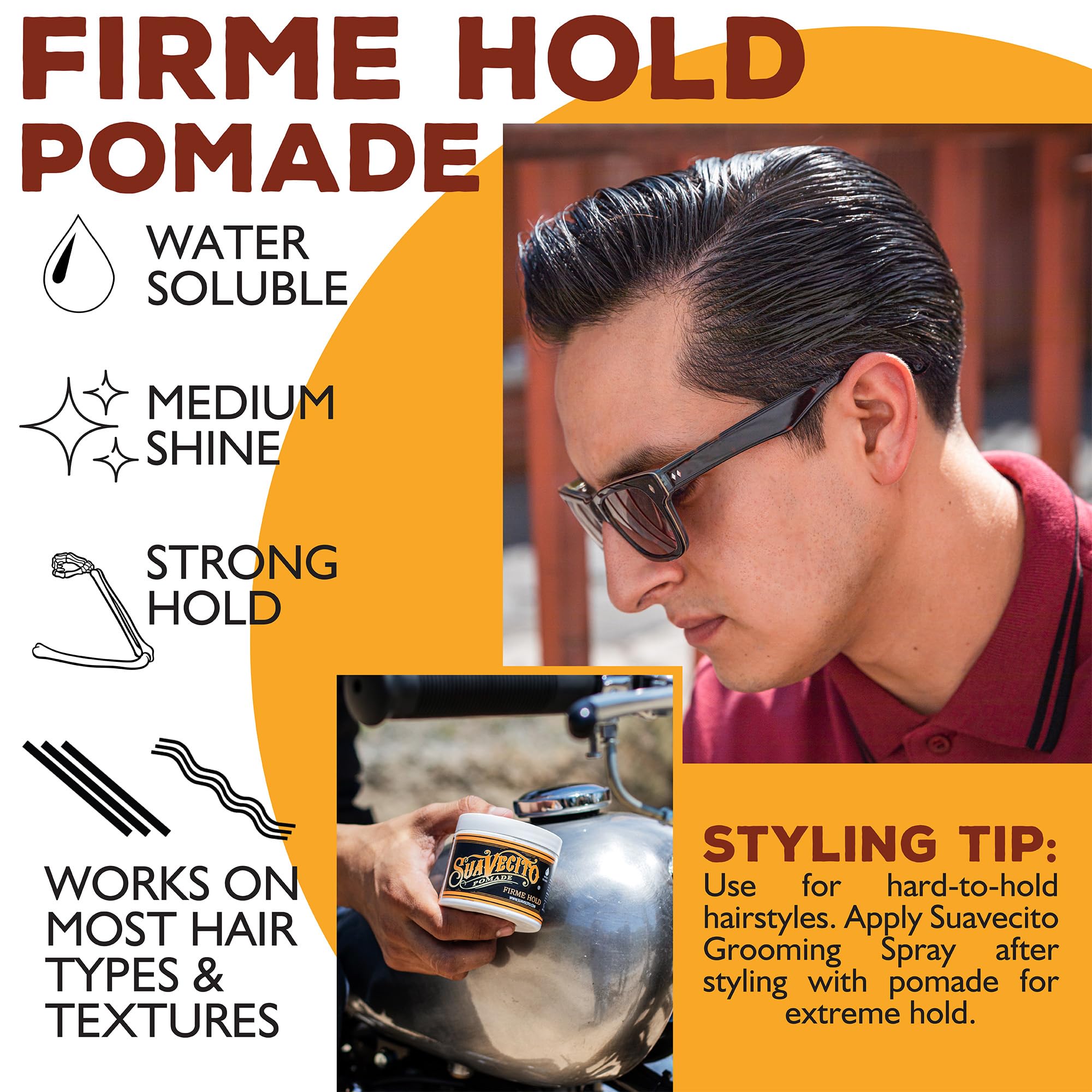 Dry-hair look with Suavecito Pomade Firme highlights clean washout and non-greasy finish.