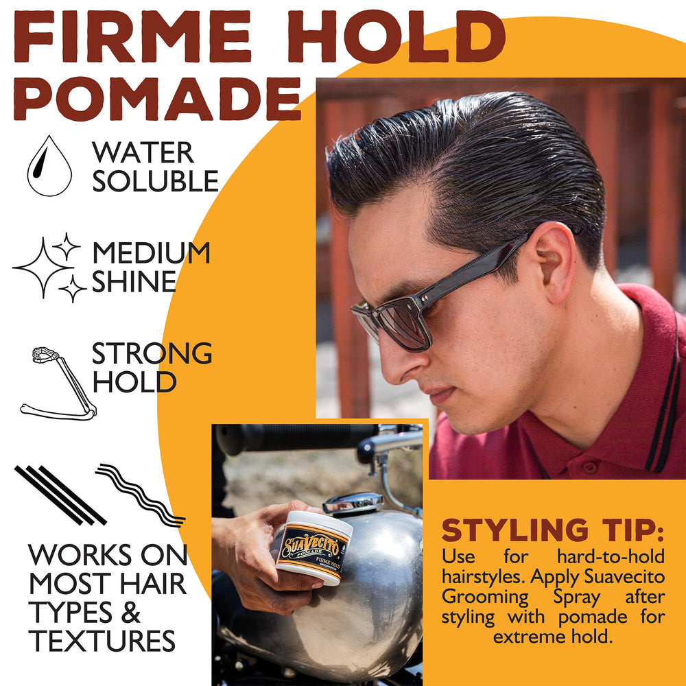 Dry-hair look with Suavecito Pomade Firme highlights clean washout and non-greasy finish.