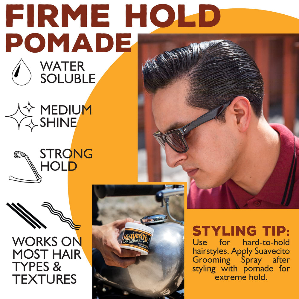 Suavecito Pomade Firme finished pompadour look shows medium shine.