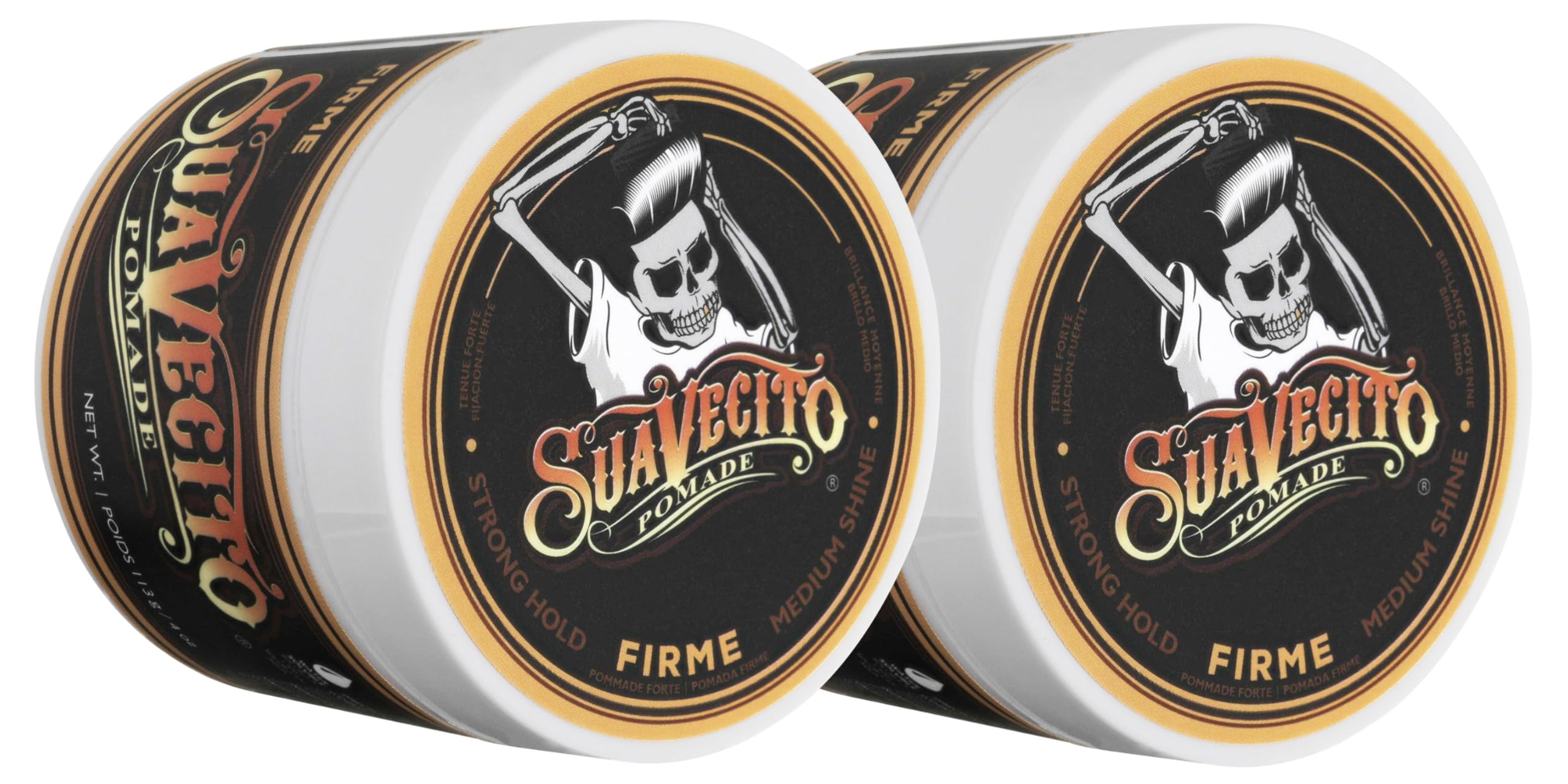 Suavecito Pomade Firme Hold jar closeup showing strong hold for all-day style.