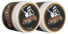 Suavecito Pomade Firme Hold jar closeup showing strong hold for all-day style.