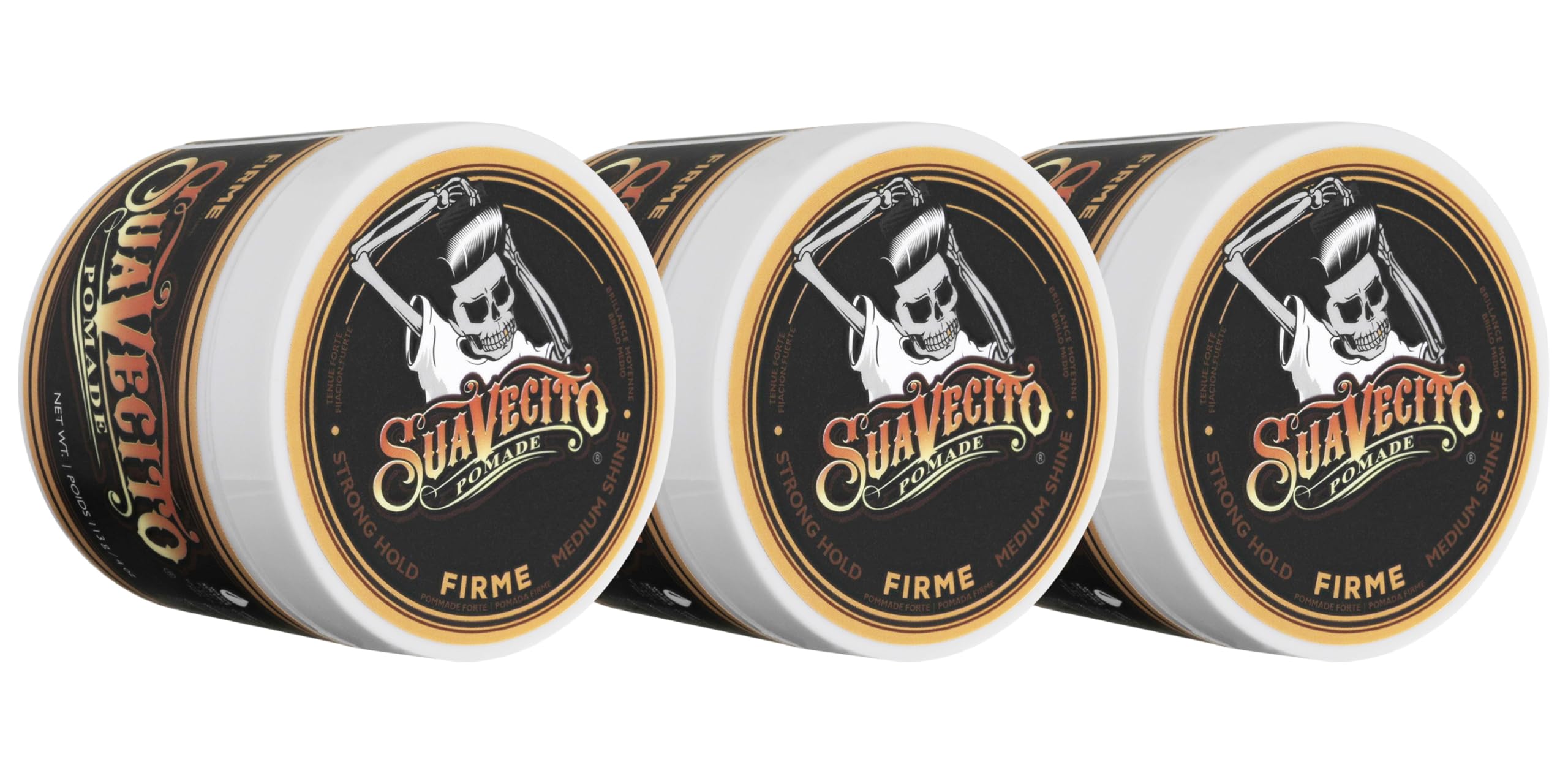 Suavecito Pomade Firme jar and packaging showing strong hold design.
