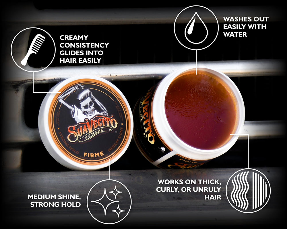 Suavecito Pomade Firme label shot emphasizes water-based formula for easy washing.