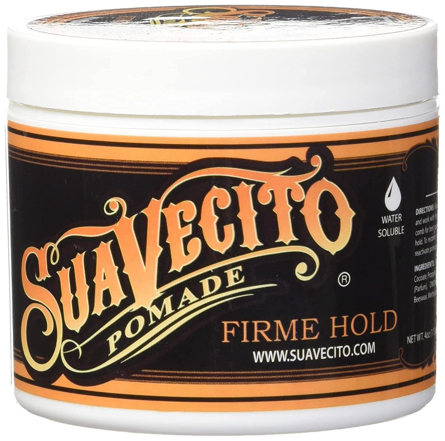 Suavecito Pomade Firme water-soluble washout offers quick removal.