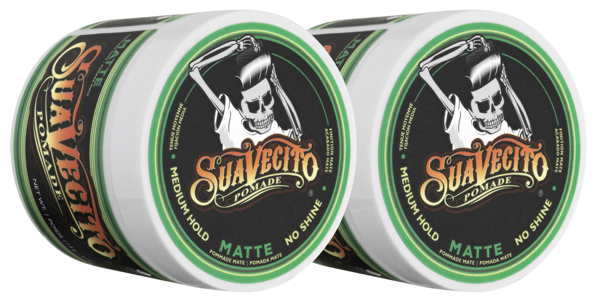 Suavecito Pomade Matte 2-pack tub front for durable matte finish and easy styling.
