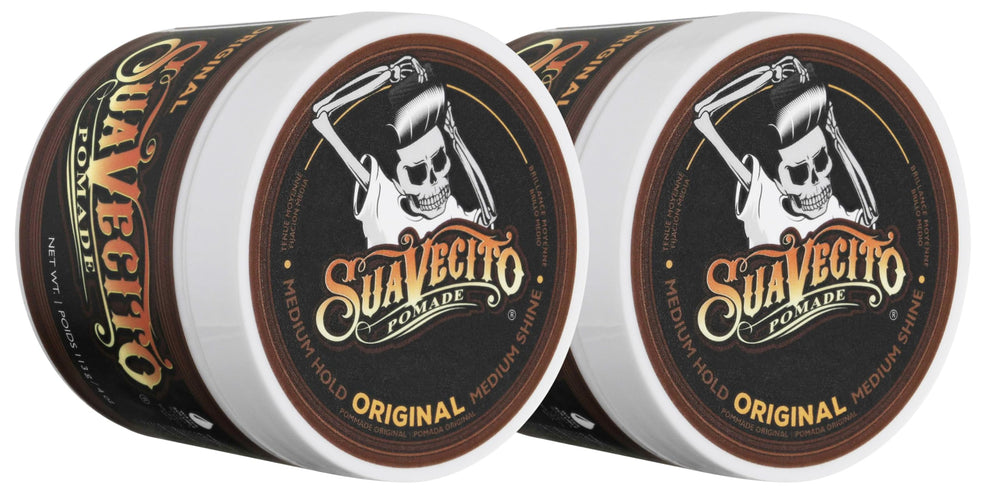 Suavecito Pomade Original bottle close-up, creamy texture for easy styling and hold.