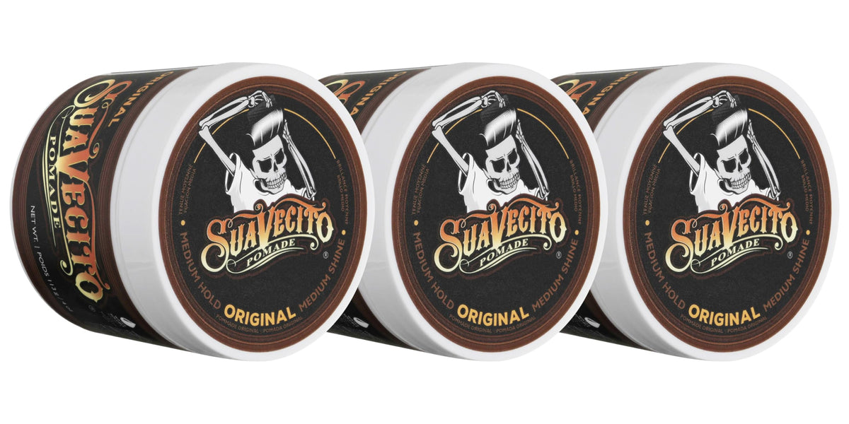 Suavecito Pomade Original Hold jar front demonstrating flexible hold for all-day style