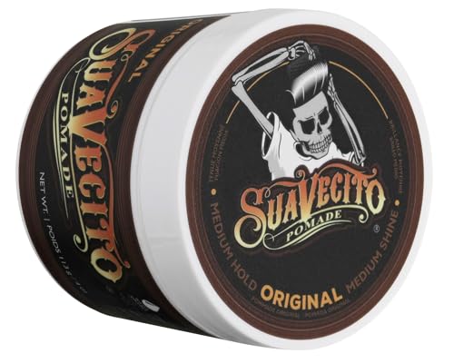 Suavecito Pomade Original Hold packaging highlighting water-based formula for quick styling.
