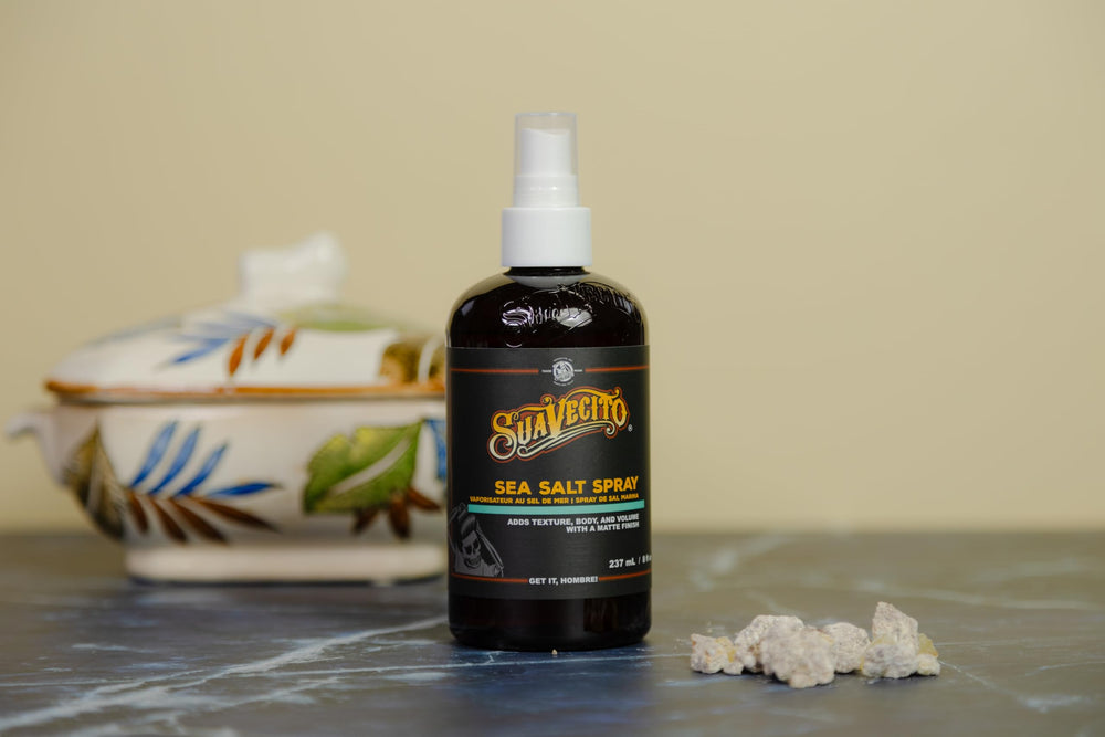 Hair styled with Suavecito Sea Salt Spray for casual waves and movement.