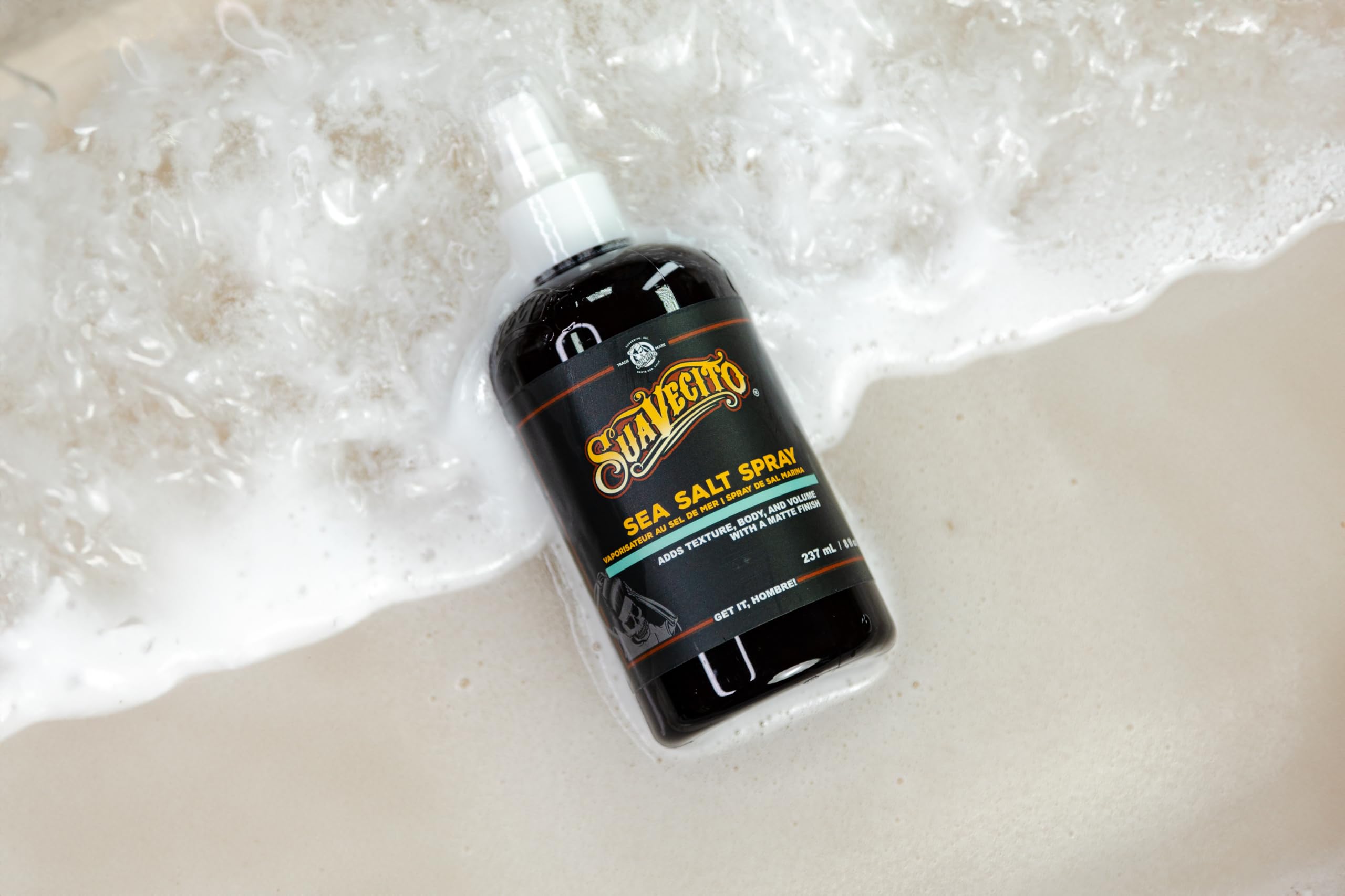 Packaging of Suavecito Sea Salt Spray highlights alcohol- and paraben-free formula.