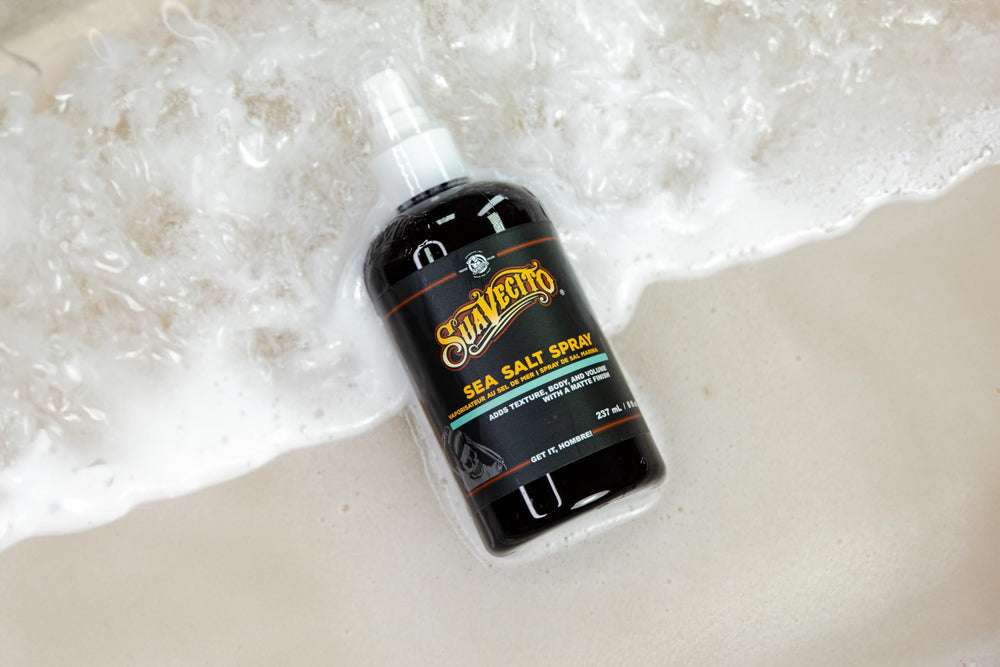 Packaging of Suavecito Sea Salt Spray highlights alcohol- and paraben-free formula.