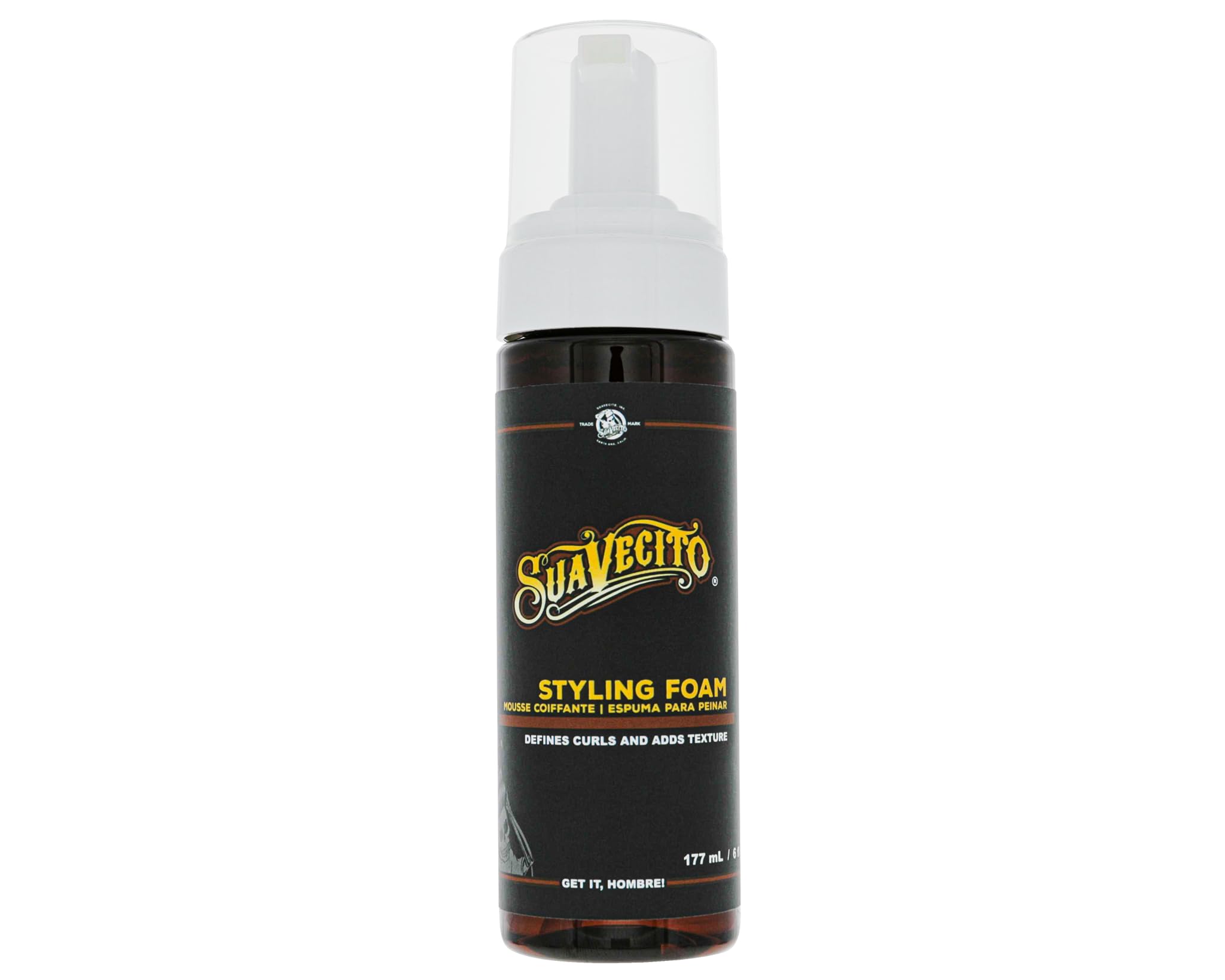 Suavecito Styling Foam Mousse bottle close-up highlighting defined curls.